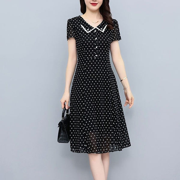 Hanitii Polka Dot Chiffon Dress V-Neckline Women Clothes HADR026