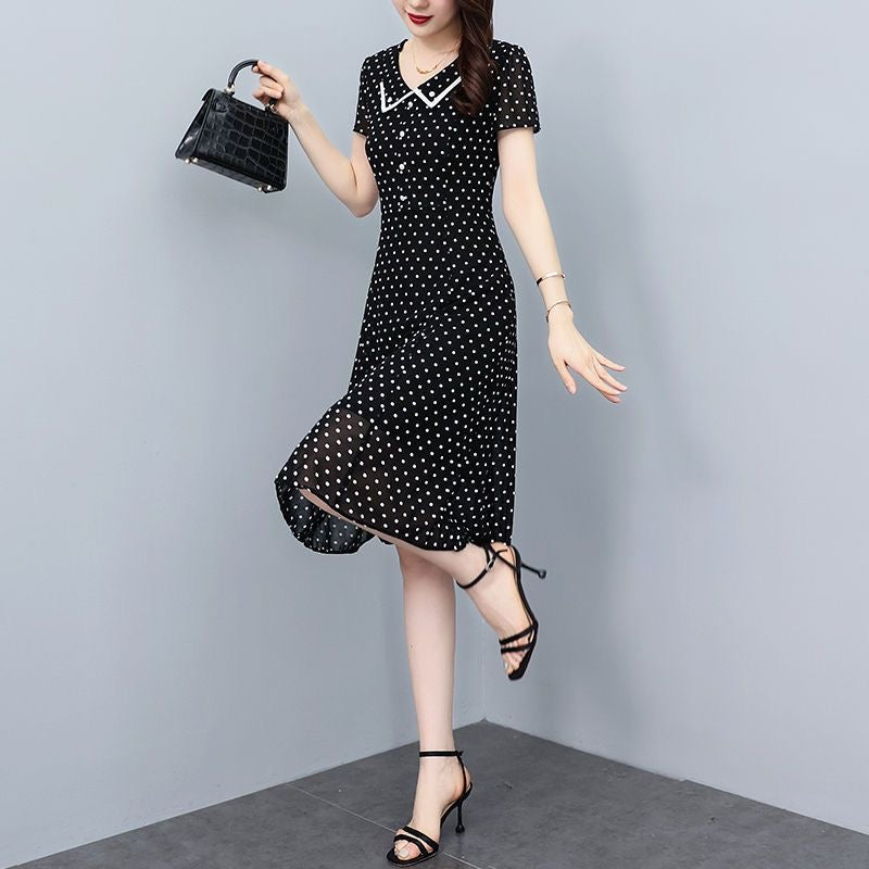 Hanitii Polka Dot Chiffon Dress V-Neckline Women Clothes HADR026