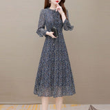 Hanitii Flower Jabot Collar Chiffon Dress 3/4 Sleeve Women Clothes HADR027