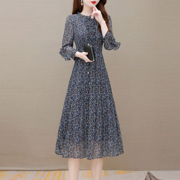 Hanitii Flower Jabot Collar Chiffon Dress 3/4 Sleeve Women Clothes HADR027