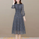 Hanitii Flower Jabot Collar Chiffon Dress 3/4 Sleeve Women Clothes HADR027