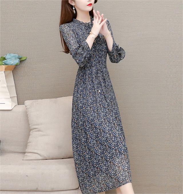 Hanitii Flower Jabot Collar Chiffon Dress 3/4 Sleeve Women Clothes HADR027