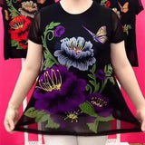 Hanitii 2023 Summer Flower Print Blouse Casual Tops Short Sleeve Sheer Women Clothes HATP045