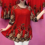 Hanitii 2023 Summer Women Blouse Casual Clothes 3/4 Sleeve Flower Tops HATP051