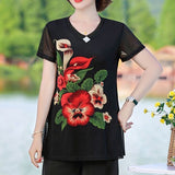 Hanitii 2023 Summer Flower Print Blouse Casual Tops Short Sleeve Sheer Women Clothes HATP038