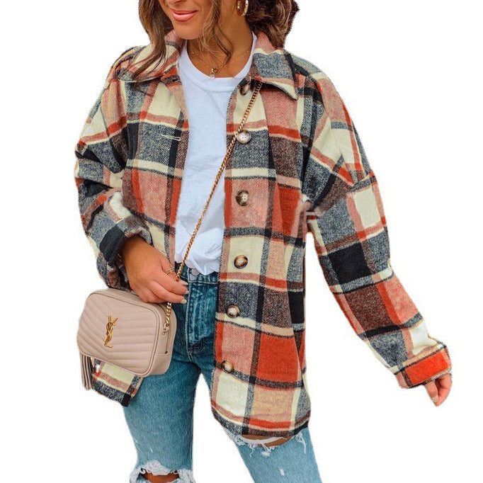 Hanitii Long-sleeved Plaid Shirt Mid-length Wool Coat HATP053