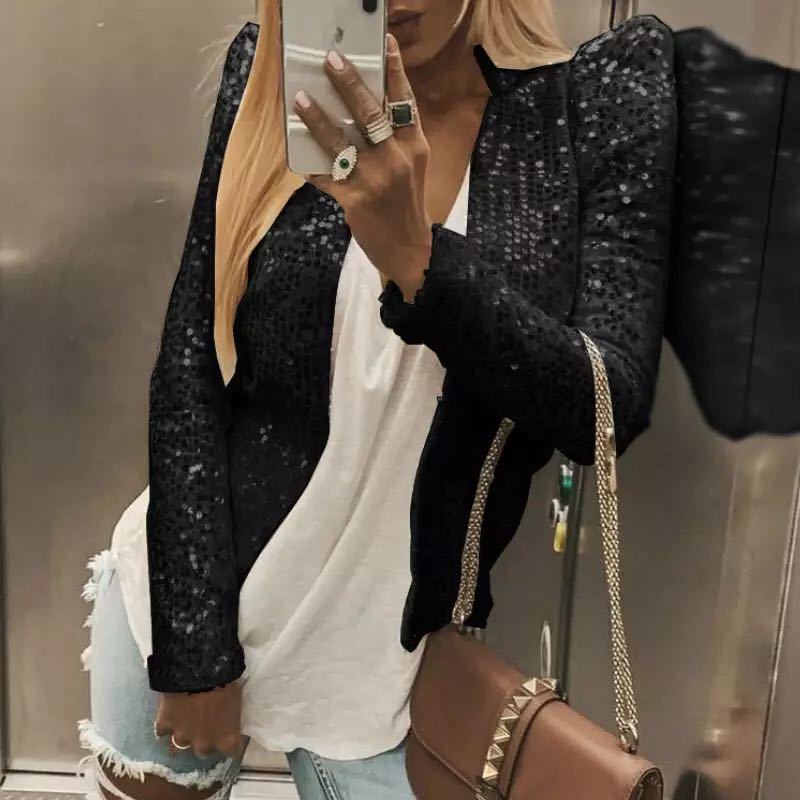 Hanitii Sequin Short Coat Stand Collar Women Clothes Party HATP055