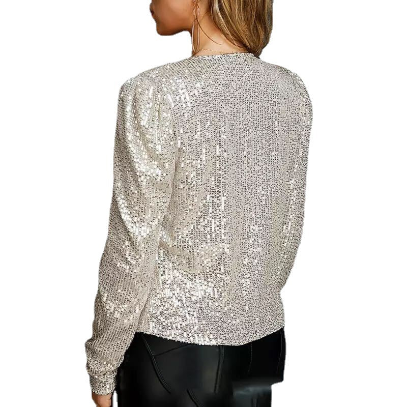 Hanitii Sequin Short Coat Stand Collar Women Clothes Party HATP055