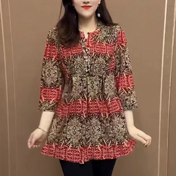 Hanitii 2023 Summer All Over Print Women Blouse Casual Clothes 3/4 Sleeve Paisley Tops HATP030