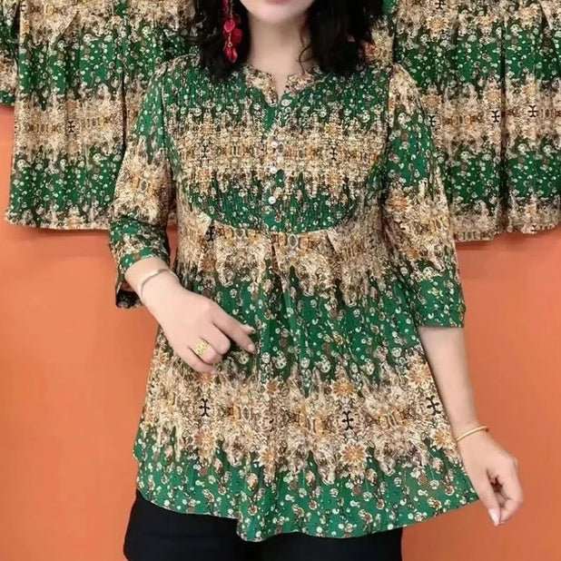 Hanitii 2023 Summer All Over Print Women Blouse Casual Clothes 3/4 Sleeve Paisley Tops HATP030