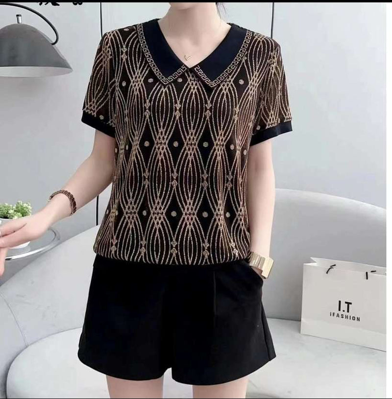 Hanitii 2023 Summer Casual Women Tops V-Neck Striped Short Blouse Clothes HATP037