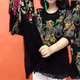 Hanitii 2023 Summer Diamond Flower Print Women Blouse Casual Clothes Round Collar Sheer 3/4 Sleeve Tops HATP041