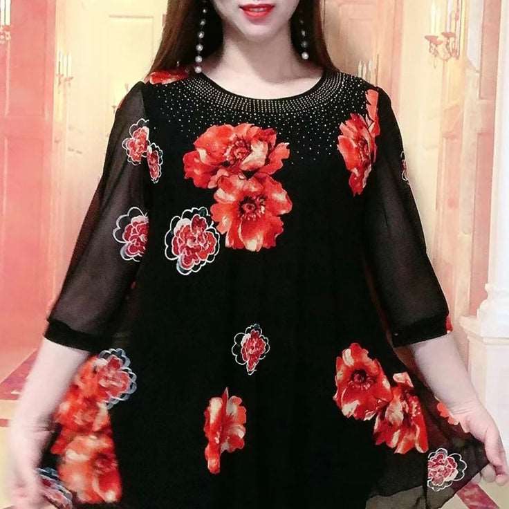 Hanitii 2023 Summer Flower Print Blouse Casual Tops Sheer Women's Plus Size Clothes HATP036