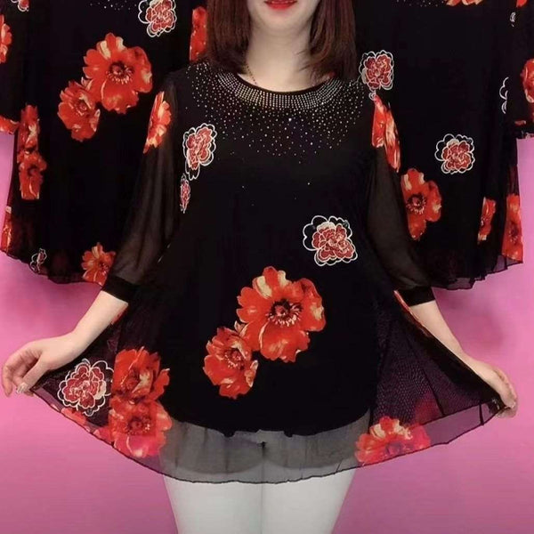 Hanitii 2023 Summer Flower Print Blouse Casual Tops Sheer Women's Plus Size Clothes HATP036