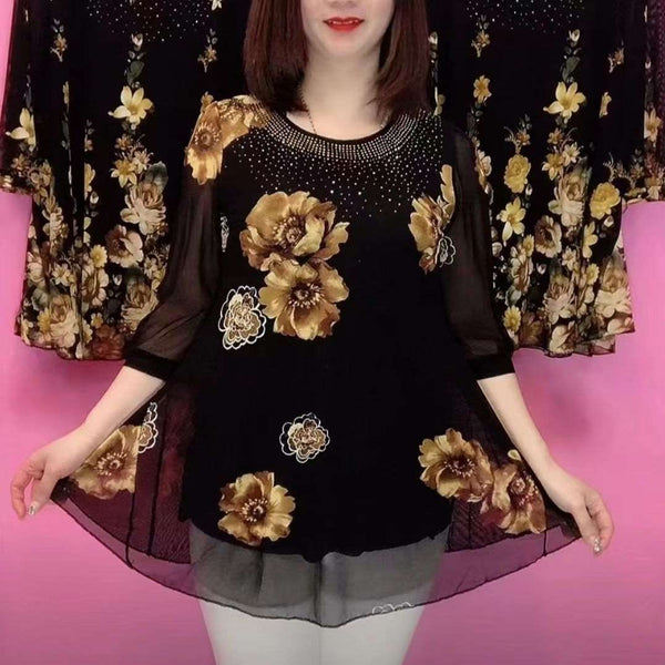 Hanitii 2023 Summer Flower Print Blouse Casual Tops Sheer Women's Plus Size Clothes HATP036