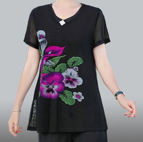 Hanitii 2023 Summer Flower Print Blouse Casual Tops Short Sleeve Sheer Women Clothes HATP038