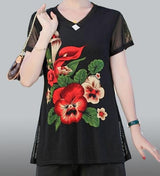 Hanitii 2023 Summer Flower Print Blouse Casual Tops Short Sleeve Sheer Women Clothes HATP038