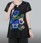 Hanitii 2023 Summer Flower Print Blouse Casual Tops Short Sleeve Sheer Women Clothes HATP038