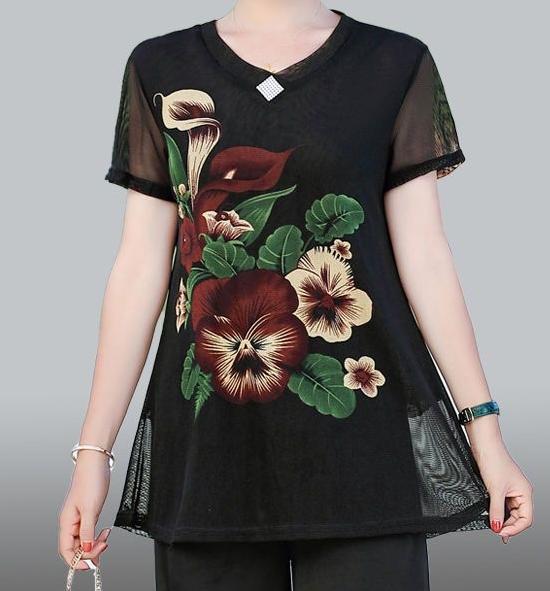 Hanitii 2023 Summer Flower Print Blouse Casual Tops Short Sleeve Sheer Women Clothes HATP038