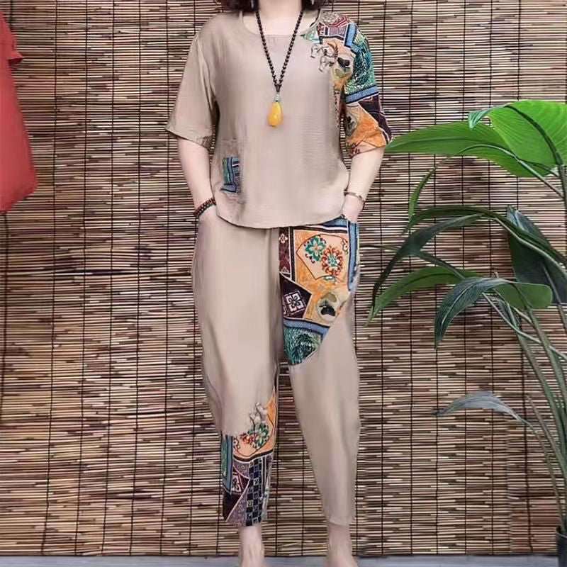 Hanitii 2023 Summer Loose Blouse Suit Boho Women's Plus Size Short Sleeve Clothes HASU004