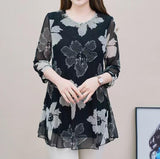 Hanitii 2023 Summer New Style Flower Print Blouse Casual Women Clothes 3/4 Sleeve Sheer Tops HATP032