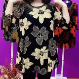 Hanitii 2023 Summer New Style Flower Print Blouse Casual Women Clothes 3/4 Sleeve Sheer Tops HATP032