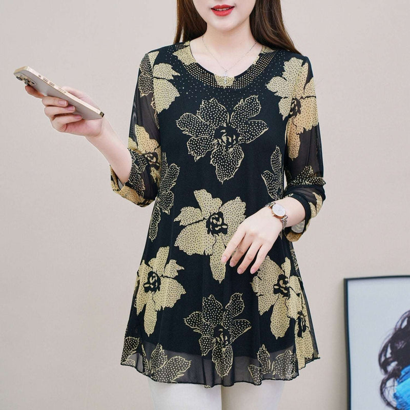 Hanitii 2023 Summer New Style Flower Print Blouse Casual Women Clothes 3/4 Sleeve Sheer Tops HATP032