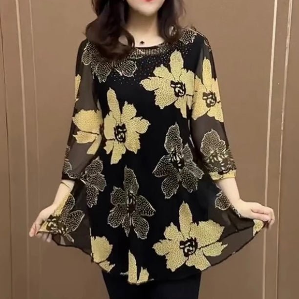 Hanitii 2023 Summer New Style Flower Print Blouse Casual Women Clothes 3/4 Sleeve Sheer Tops HATP032