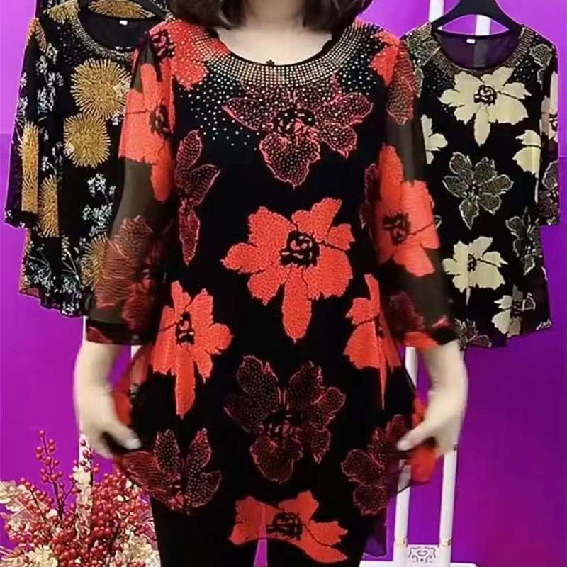 Hanitii 2023 Summer New Style Flower Print Blouse Casual Women Clothes 3/4 Sleeve Sheer Tops HATP032