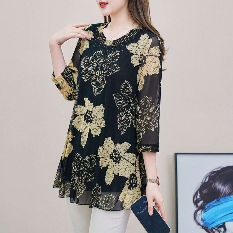 Hanitii 2023 Summer New Style Flower Print Blouse Casual Women Clothes 3/4 Sleeve Sheer Tops HATP032