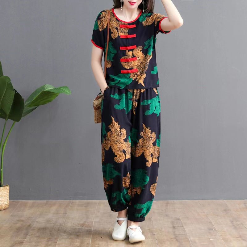 Hanitii 2023 Summer New Style Flower Print Short Sleeve Suits Women's Plus Size Clothes HASU009