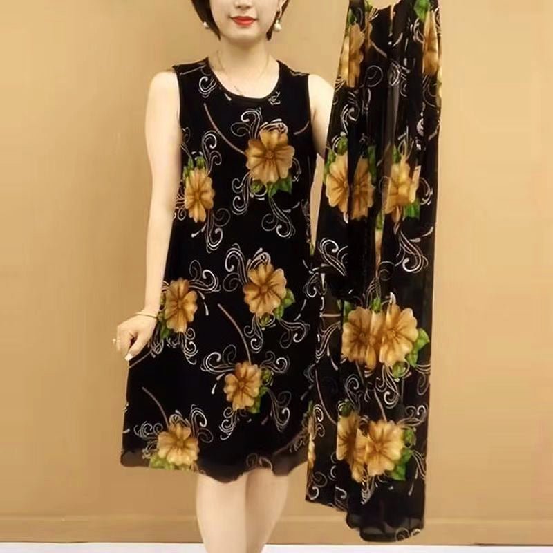 Hanitii 2023 Summer New Style Flower Print Women's Plus Size Dress 2 Piece Blouse Suits HADR011