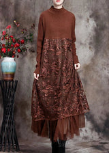 HANITII Coffee O-Neck Embroideried Patchwork Fall Long Knit Dress