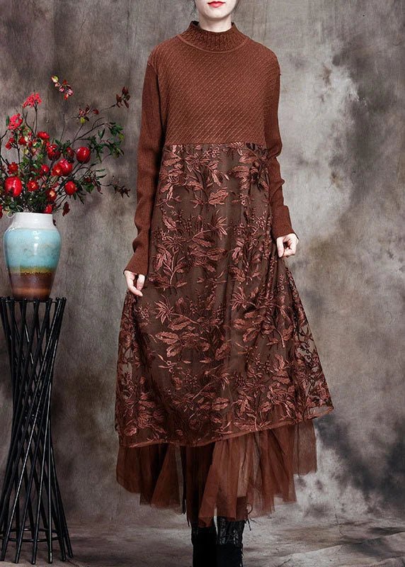 HANITII Coffee O-Neck Embroideried Patchwork Fall Long Knit Dress