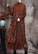 HANITII Coffee O-Neck Embroideried Patchwork Fall Long Knit Dress