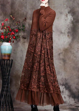 HANITII Coffee O-Neck Embroideried Patchwork Fall Long Knit Dress