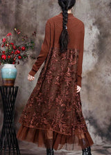 HANITII Coffee O-Neck Embroideried Patchwork Fall Long Knit Dress