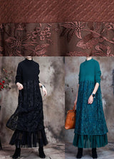 HANITII Coffee O-Neck Embroideried Patchwork Fall Long Knit Dress