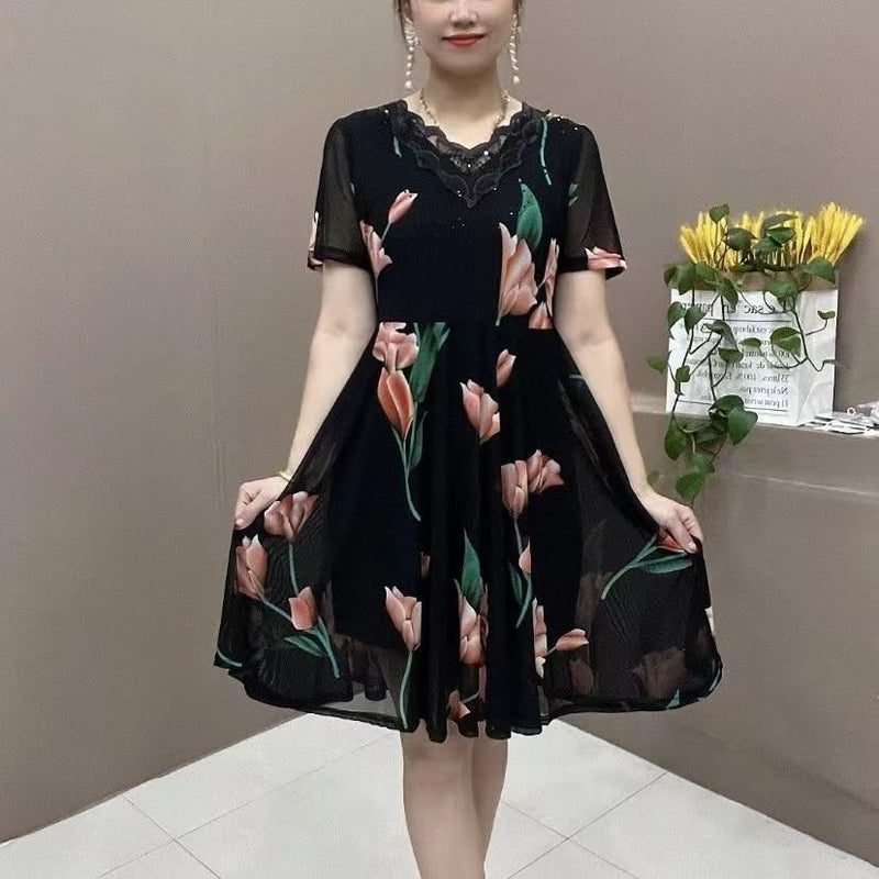 Hanitii Floral Print Dress Short Sleeve Women Clothes HADR007