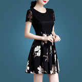 HANITII Floral Print V-Neck Short Sleeve Dress with Waist Cinching