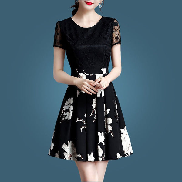 HANITII Floral Print V-Neck Short Sleeve Dress with Waist Cinching