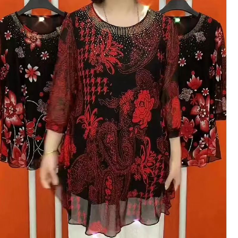 Hanitii Flower Print Blouse Casual Tops Sheer Plus Size Clothes HATP050