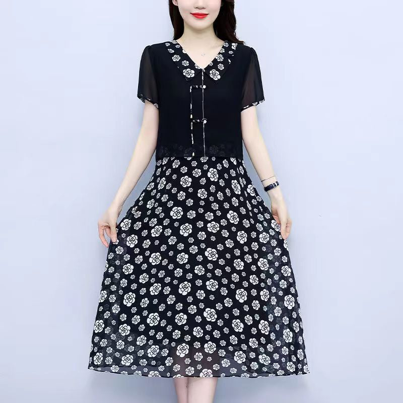 Hanitii Flower Print Chiffon Dress Women's Plus Size Clothes HADR020