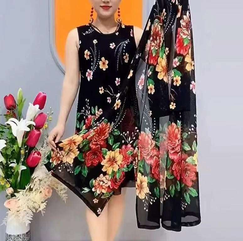 Hanitii Flower Print Women's Plus Size Dress 2 Piece Blouse Suits HADR019