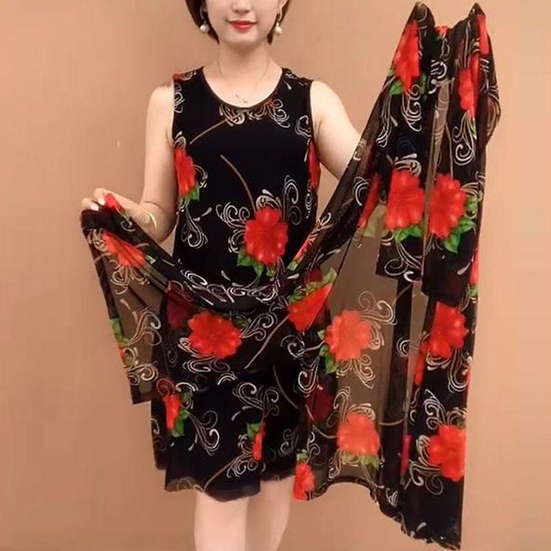 Hanitii Flower Print Women's Plus Size Dress 2 Piece Suits HADR011